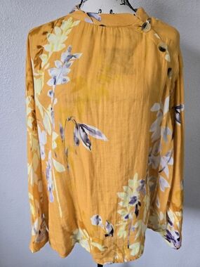 Soft Surroundings Gold Yellow Floral Mandrin Blouse Medium